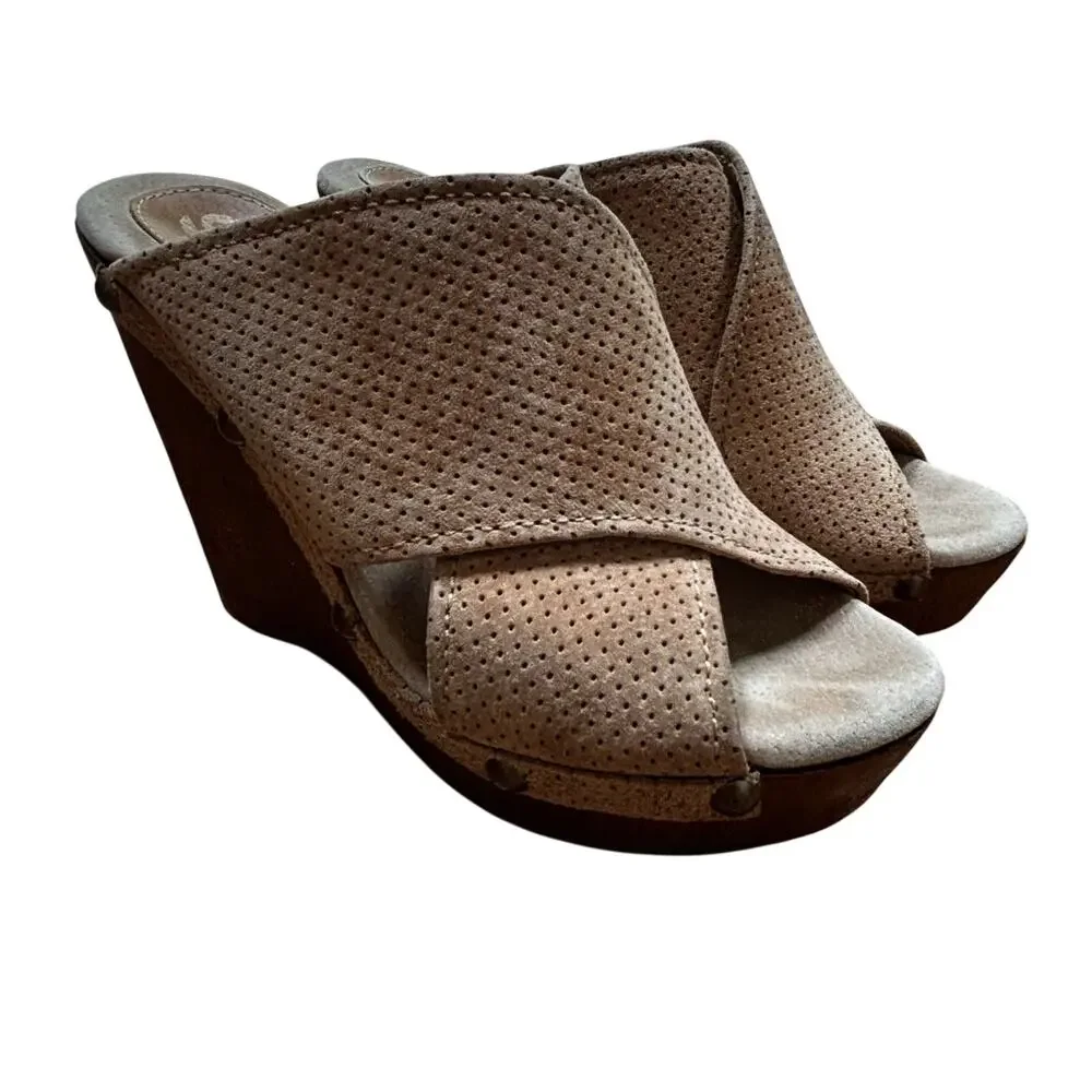 Sbicca Platform High Heels Slides US 8M tan suede leather crossover uppers shoes